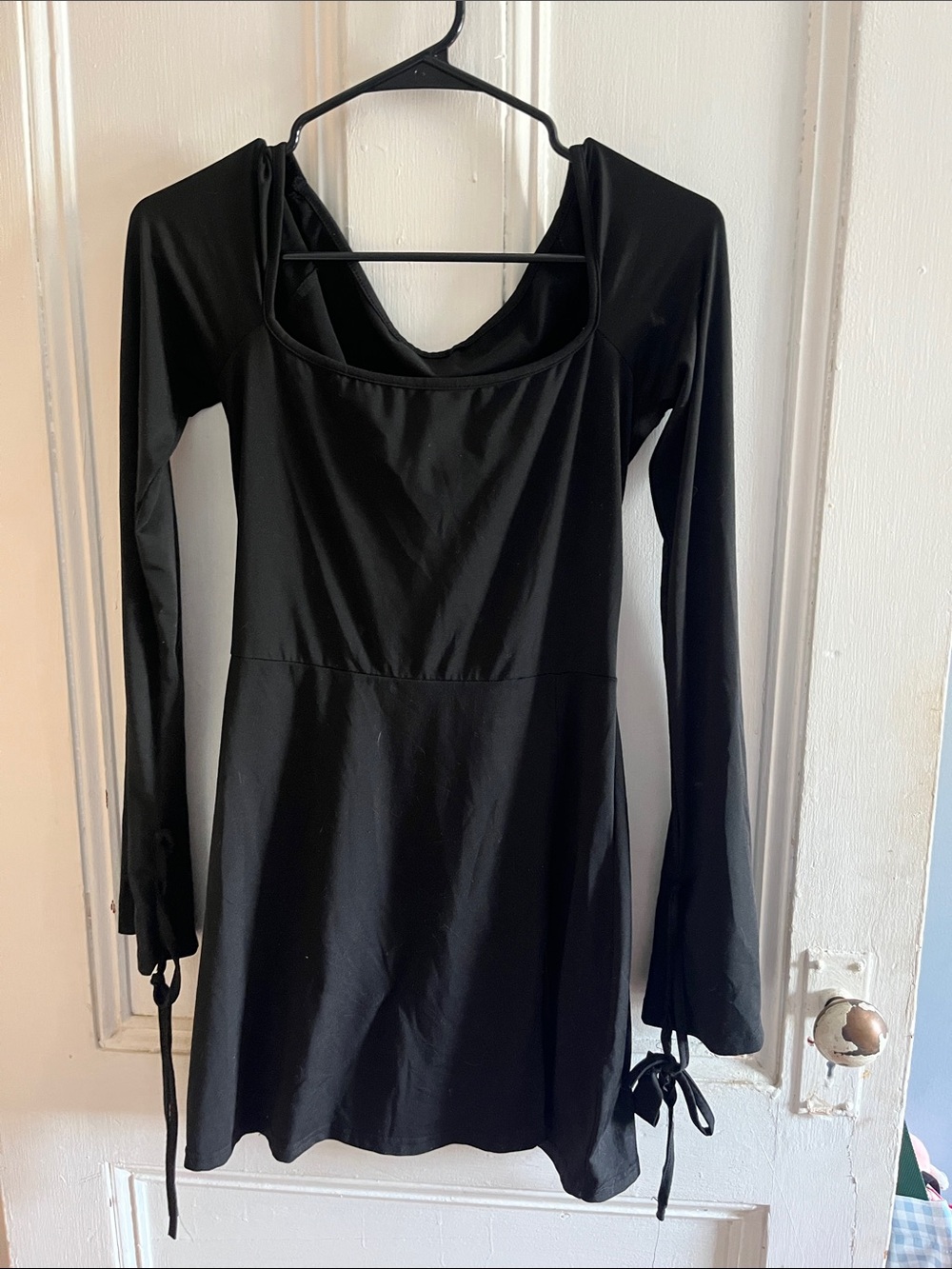 Black Long-Sleeve A-Line Dress with Tie Cuffs